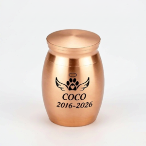 Miniature Pet Ashes Urn - Rose Gold Metal Keepsake with Engraved Paw & Dates
