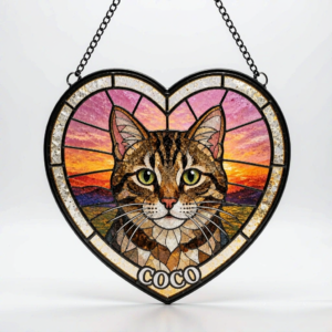 Stained Glass Pet Portrait Suncatcher - Heart Shaped, Hand-Painted Photo Keepsake