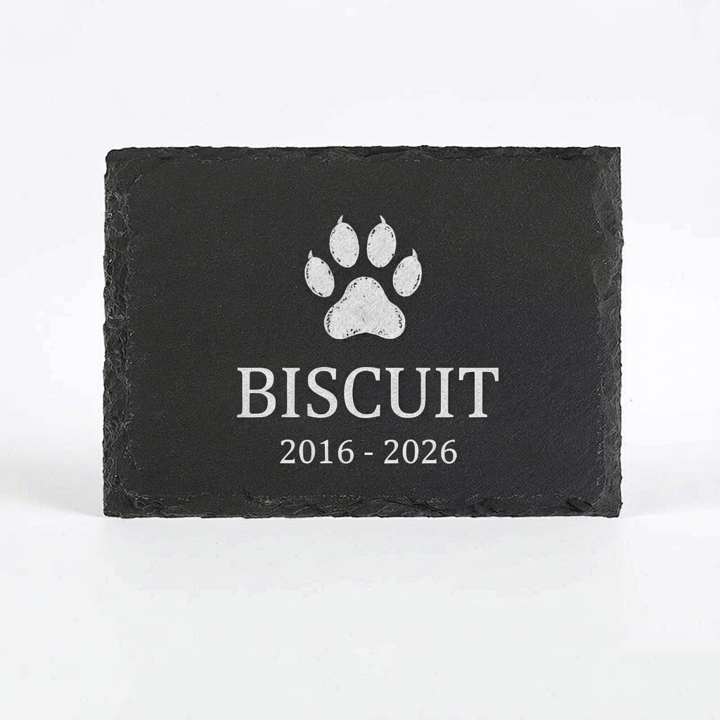 Pet Memorial Garden Stone - Slate Headstone with Paw Print, Name & Dates