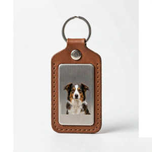 Leather Photo Keychain with Pet Portrait - Brushed Aluminum Plate Inset