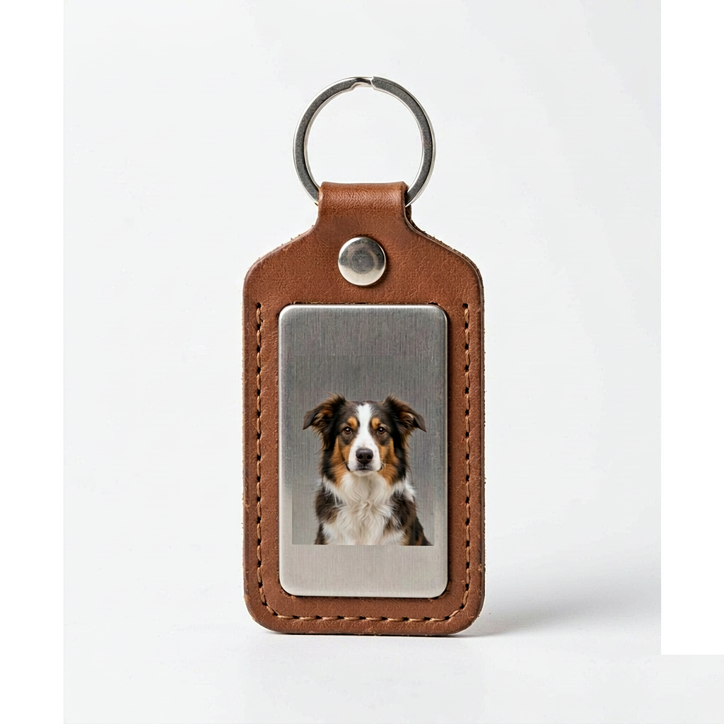 Leather Photo Keychain with Pet Portrait - Brushed Aluminum Plate Inset