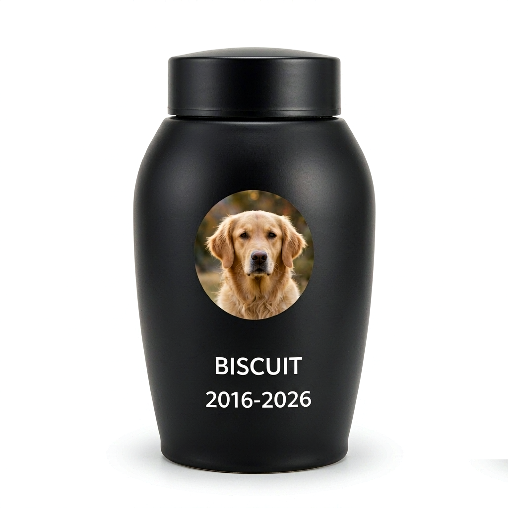 Custom Pet Memorial Urn - Compact Black Ceramic Ash Urn with Photo, Name & Dates