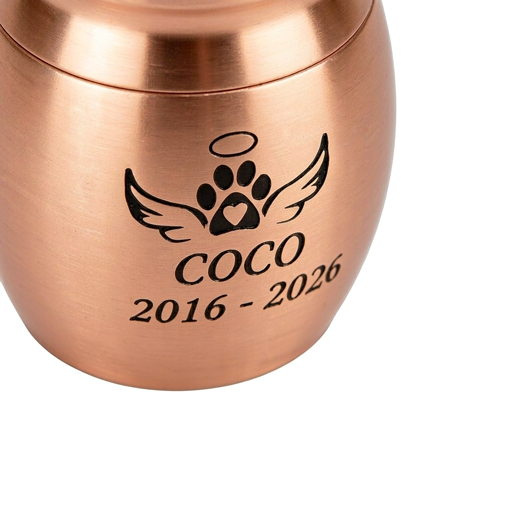 Miniature Pet Ashes Urn - Rose Gold Metal Keepsake with Engraved Paw & Dates - Image 3