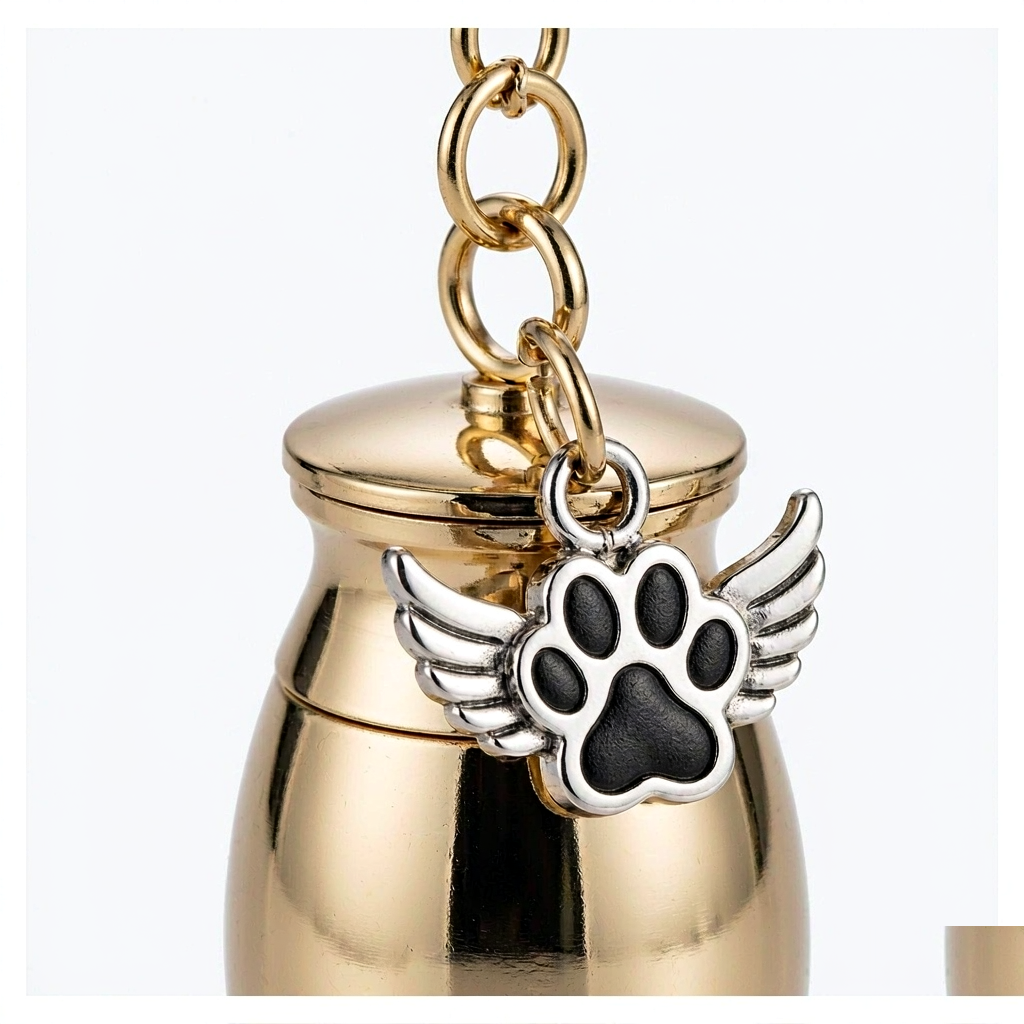 Pet Urn Keychain - Tiny Metal Ash Charm with Engraved Paw Print - Image 3