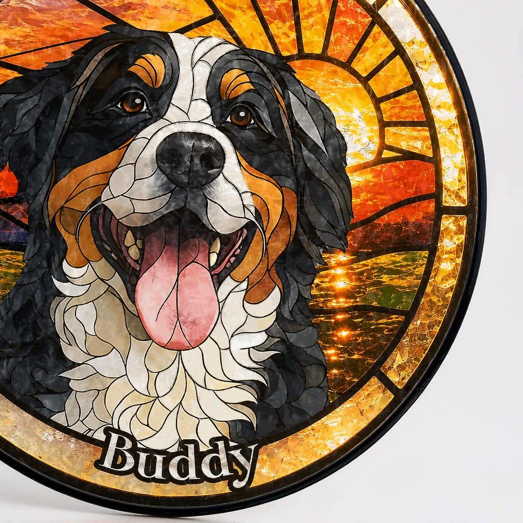 Stained Glass Pet Portrait Suncatcher - Round, Hand-Painted Glass Photo Keepsake - Image 3