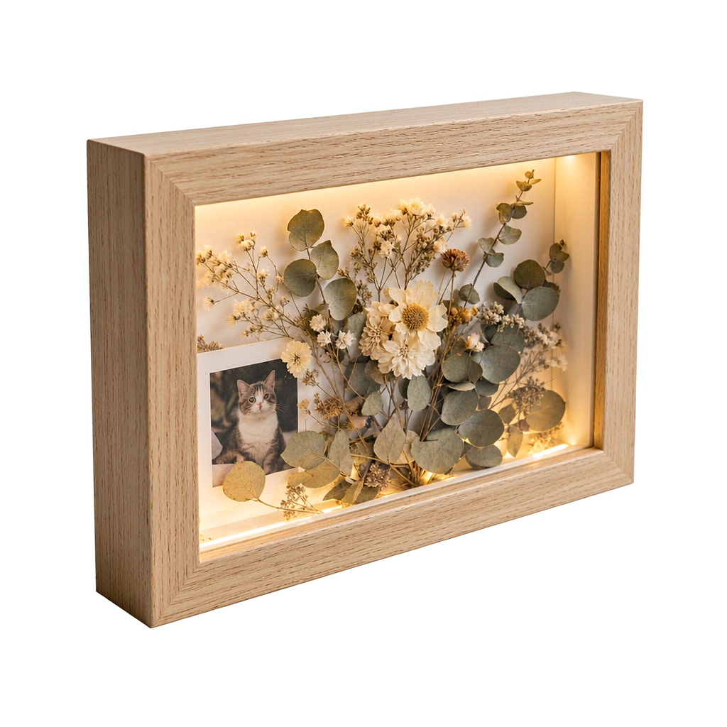 Dried Flower Shadow Box with Warm Light - Framed Pet Photo & Keepsake Display - Image 3