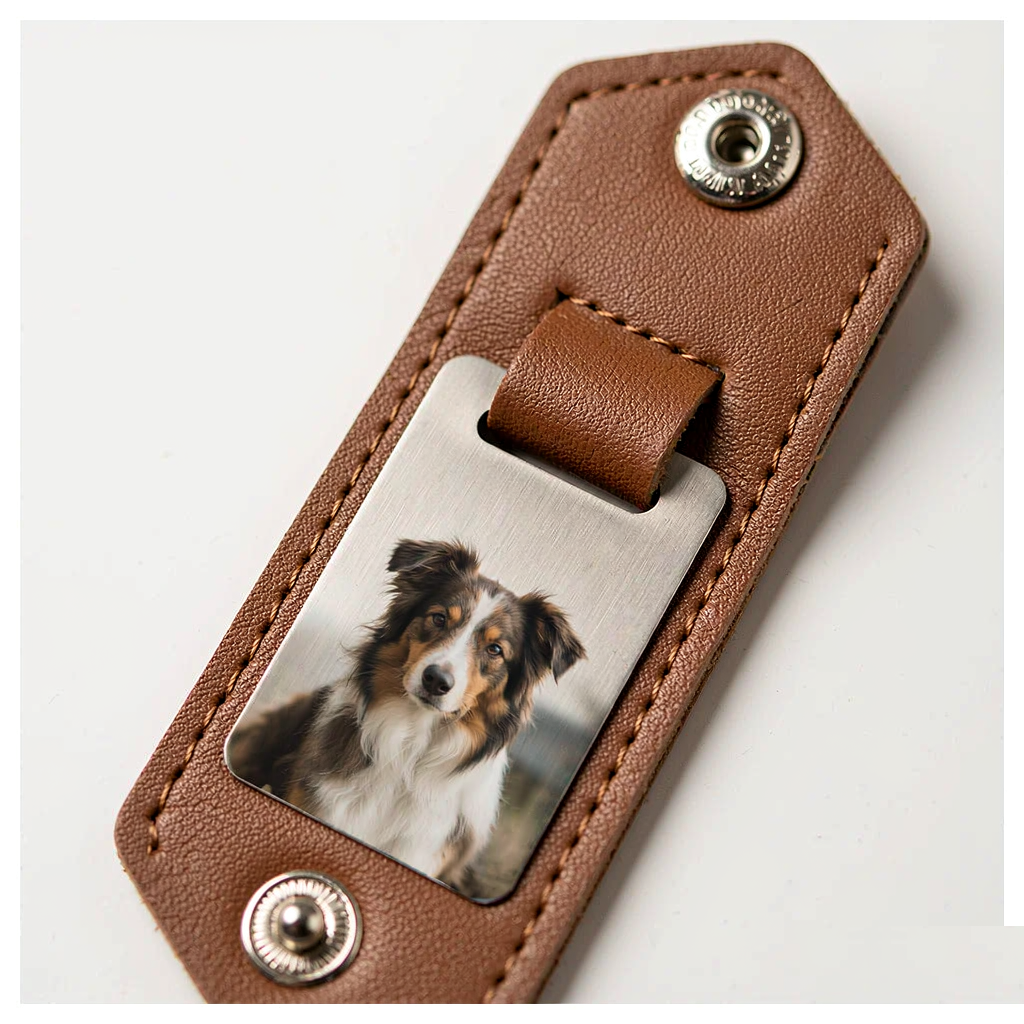 Leather Photo Keychain with Pet Portrait - Brushed Aluminum Plate Inset - Image 3