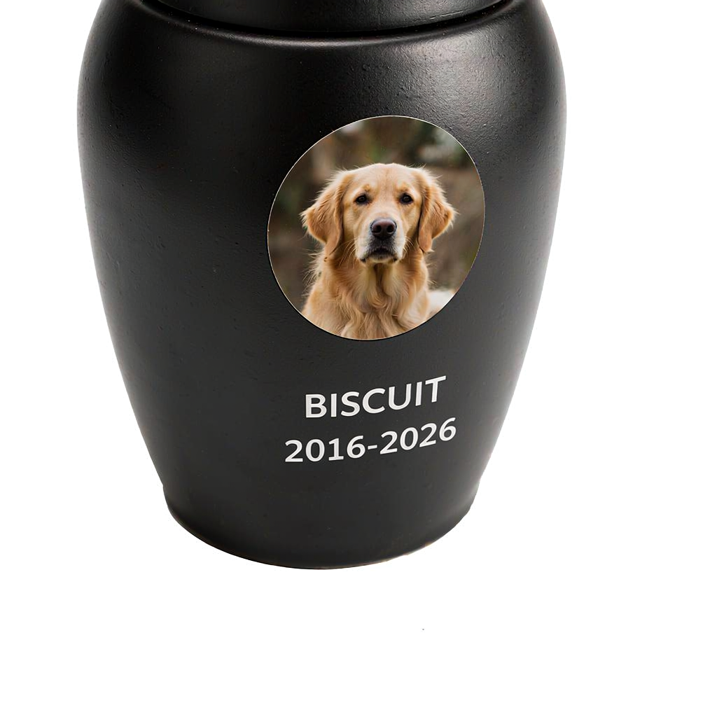 Custom Pet Memorial Urn - Compact Black Ceramic Ash Urn with Photo, Name & Dates - Image 3