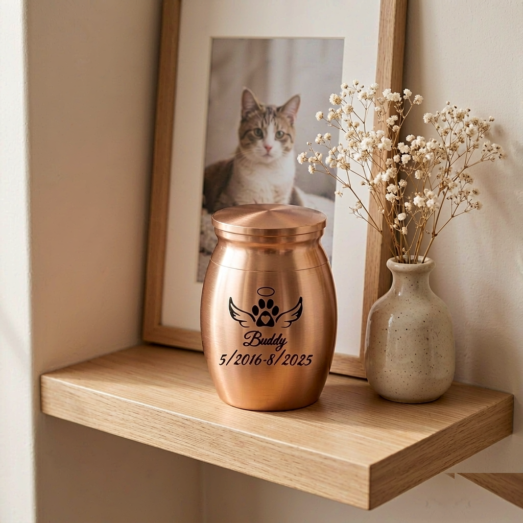 Miniature Pet Ashes Urn - Rose Gold Metal Keepsake with Engraved Paw & Dates - Image 4