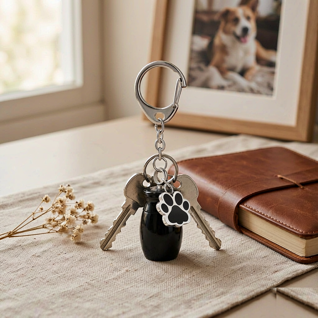 Pet Urn Keychain - Tiny Metal Ash Charm with Engraved Paw Print - Image 4