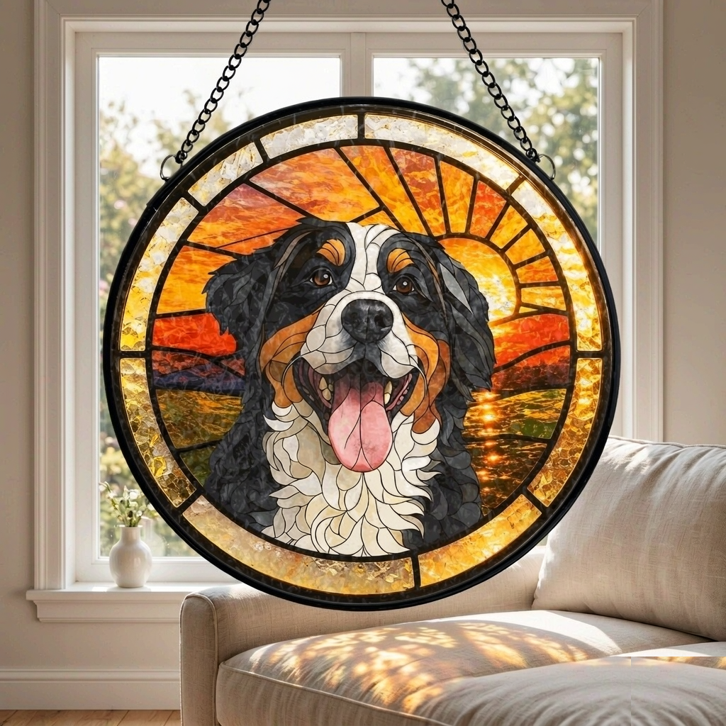 Stained Glass Pet Portrait Suncatcher - Round, Hand-Painted Glass Photo Keepsake - Image 4