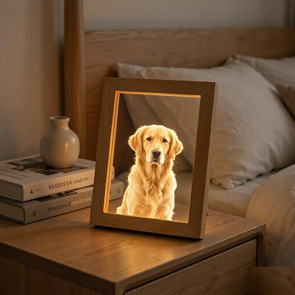 Framed Acrylic Night Light with Pet Photo - Warm Backlit Wooden Photo Frame - Image 4