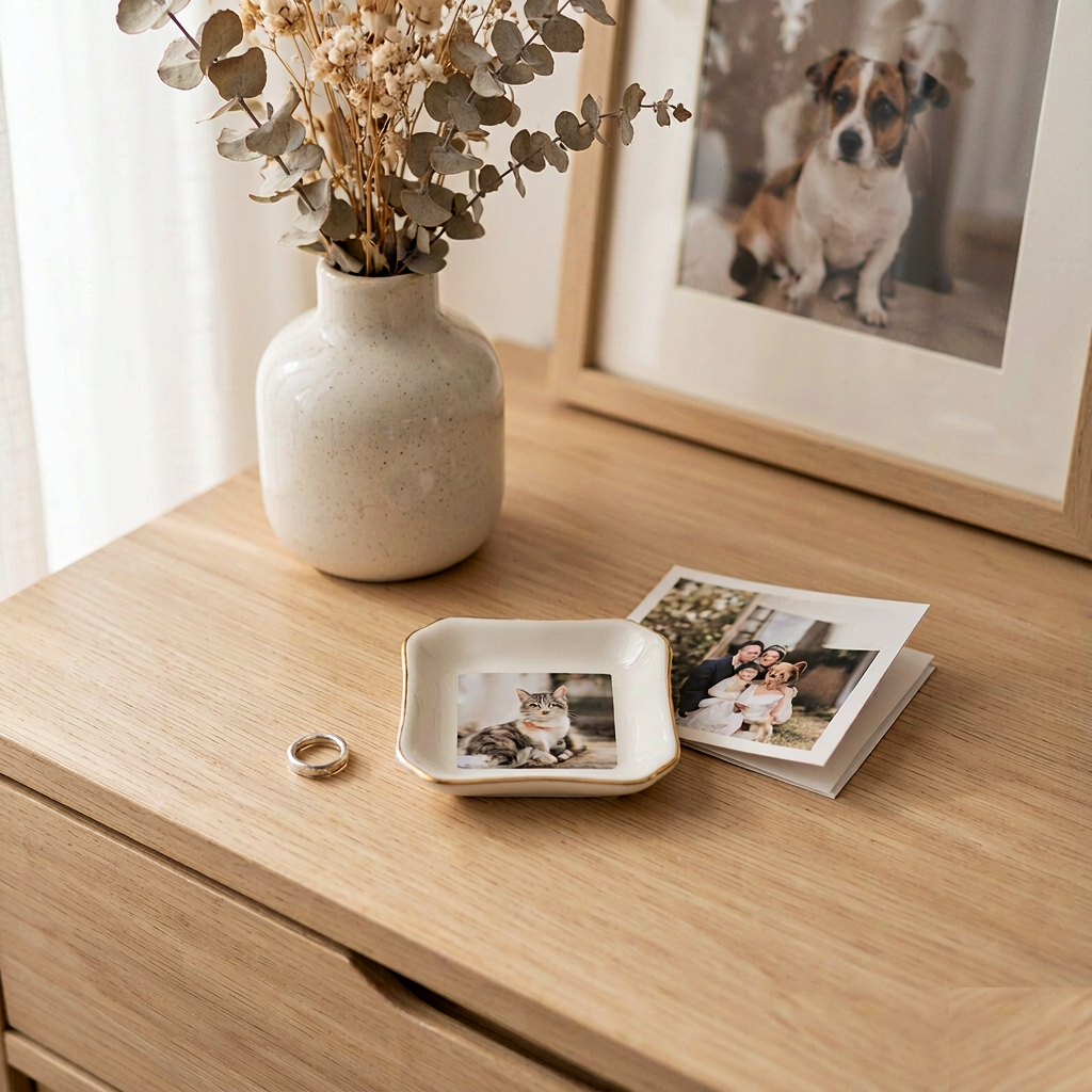 Ceramic Keepsake Dish with Pet Photo - White Glazed Gold-Rim Bowl - Image 4