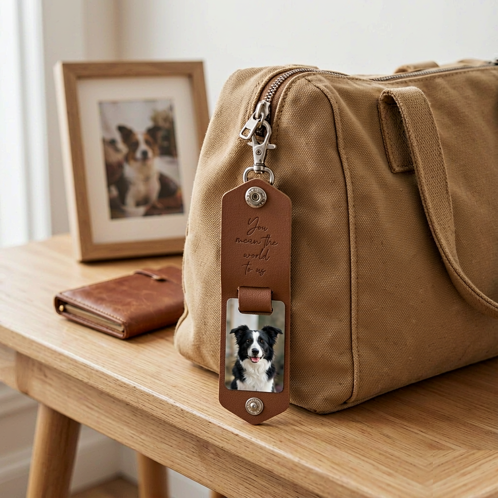 Leather Photo Keychain with Pet Portrait - Brushed Aluminum Plate Inset - Image 4