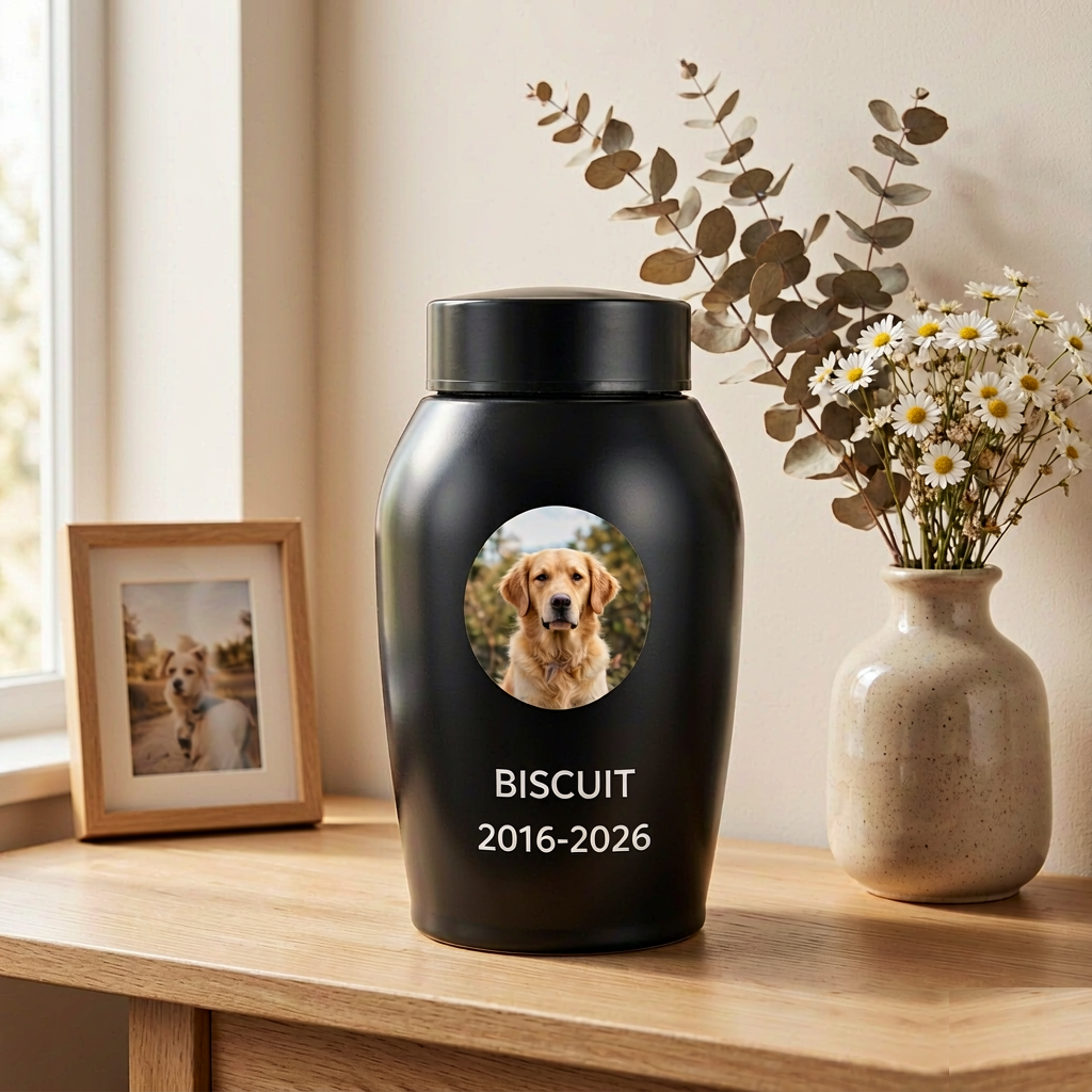 Custom Pet Memorial Urn - Compact Black Ceramic Ash Urn with Photo, Name & Dates - Image 4