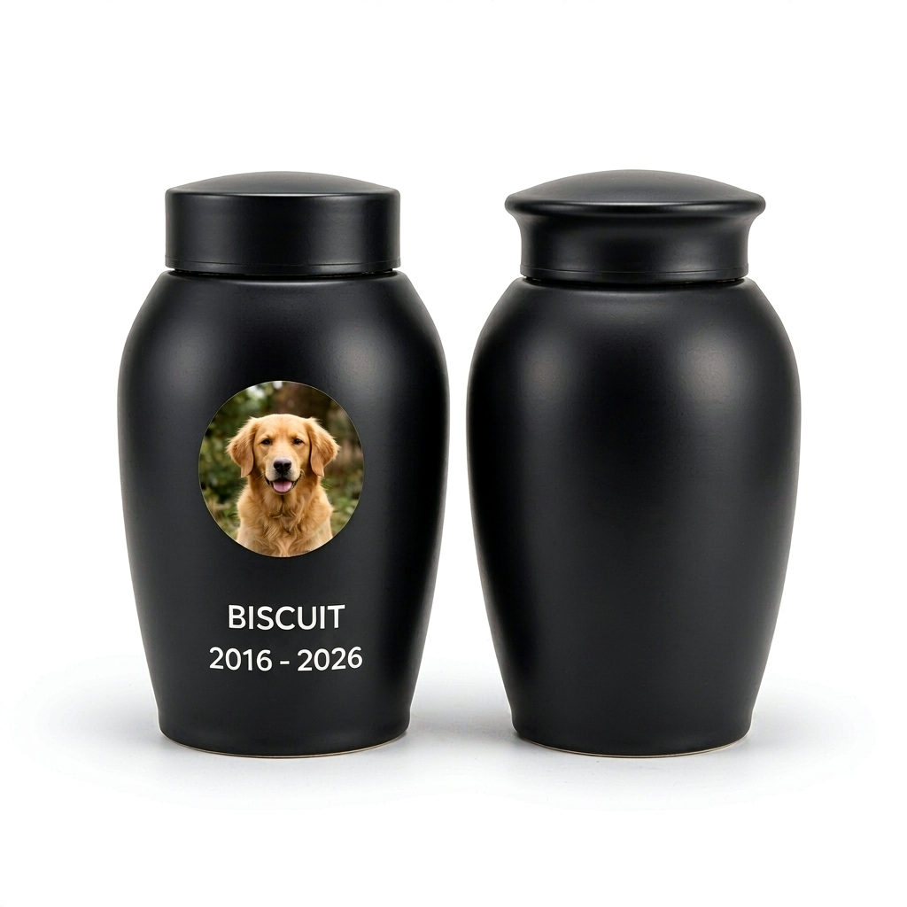 Custom Pet Memorial Urn - Compact Black Ceramic Ash Urn with Photo, Name & Dates - Image 5