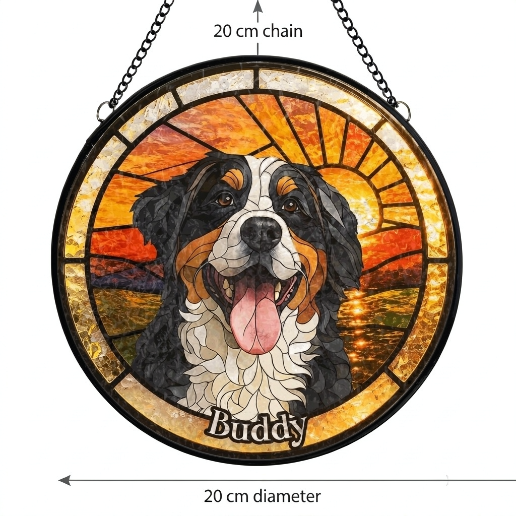 Stained Glass Pet Portrait Suncatcher - Round, Hand-Painted Glass Photo Keepsake - Image 2