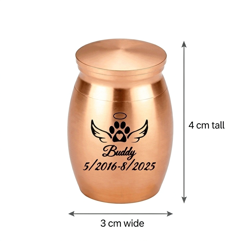 Miniature Pet Ashes Urn - Rose Gold Metal Keepsake with Engraved Paw & Dates - Image 2