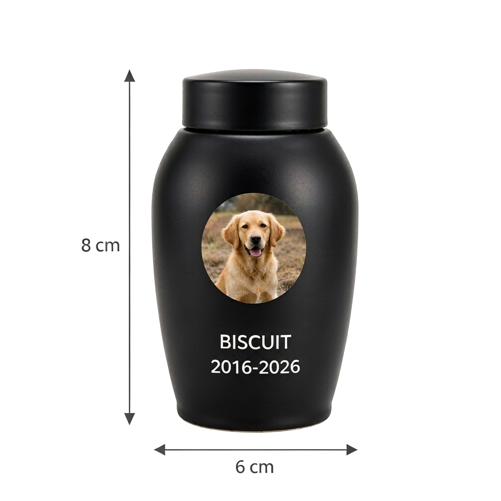 Custom Pet Memorial Urn - Compact Black Ceramic Ash Urn with Photo, Name & Dates - Image 2